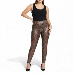 Commando Faux‎ Leather Leggings Womens L Brown Snakeskin High Rise Stretch Shiny